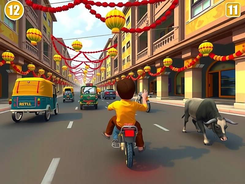 Ginger Rush gameplay showing Ginger driving through a Diwali-decorated street in Delhi, avoiding rickshaws and cows