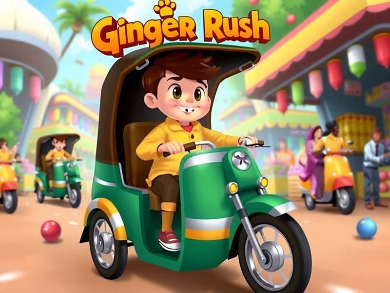 Ginger Rush game cover showing the main character Ginger driving a modified auto-rickshaw through a busy Indian market