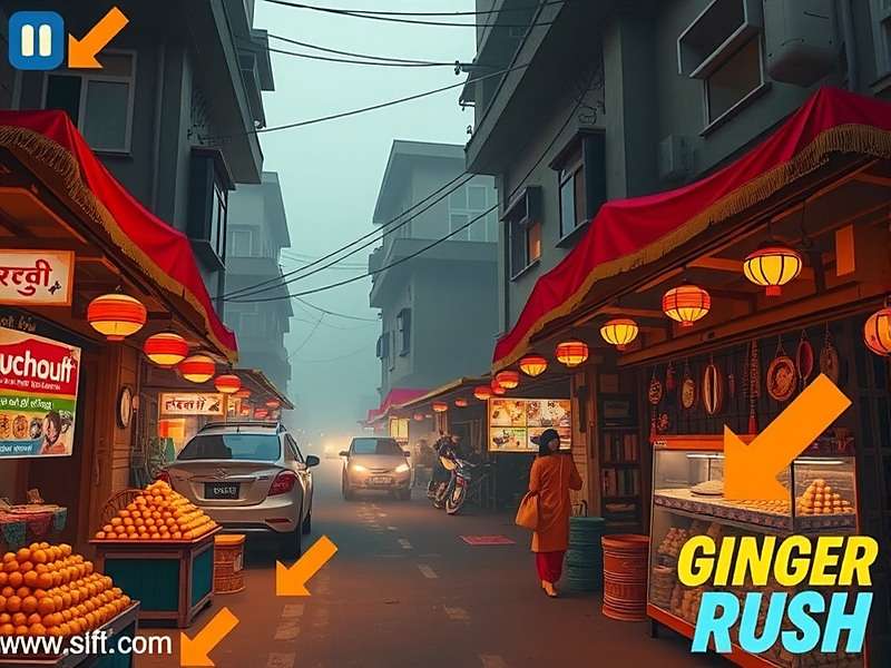 Ginger Rush gameplay showing a shortcut through a Mumbai market during Diwali, with arrows indicating the path